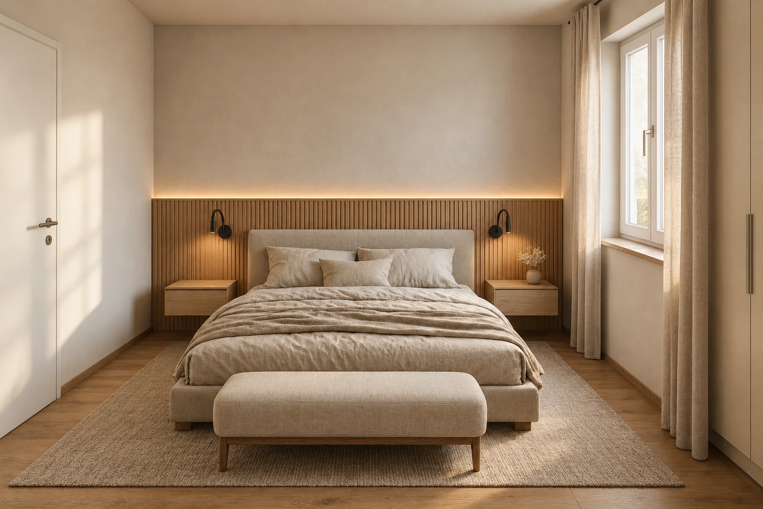 Einrichtungsidee für ein ruhig gestaltetes Schlafzimmer mit Holz und natürlichen Farben